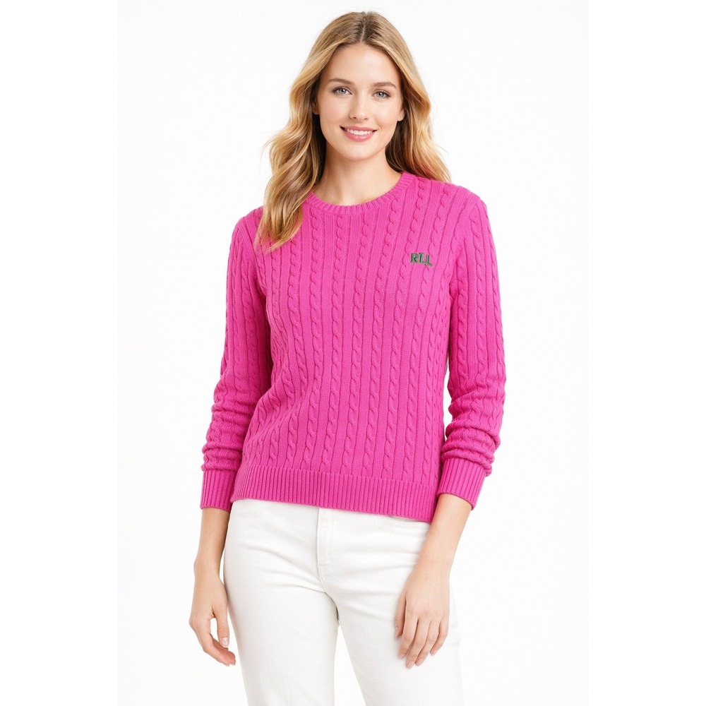 Lauren Ralph Lauren Pink Cable‎ Knit Sweater Size L Crew Neck Preppy Cotton